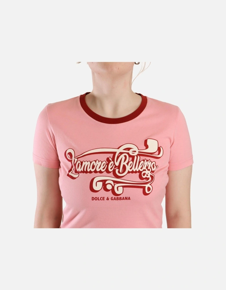 Crew Neck Logo Print Cotton T-Shirt Women - Pink