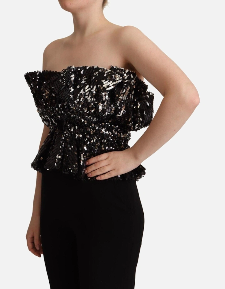 Strapless Sequined Top with Logo Details Women - Black T-Shirts
