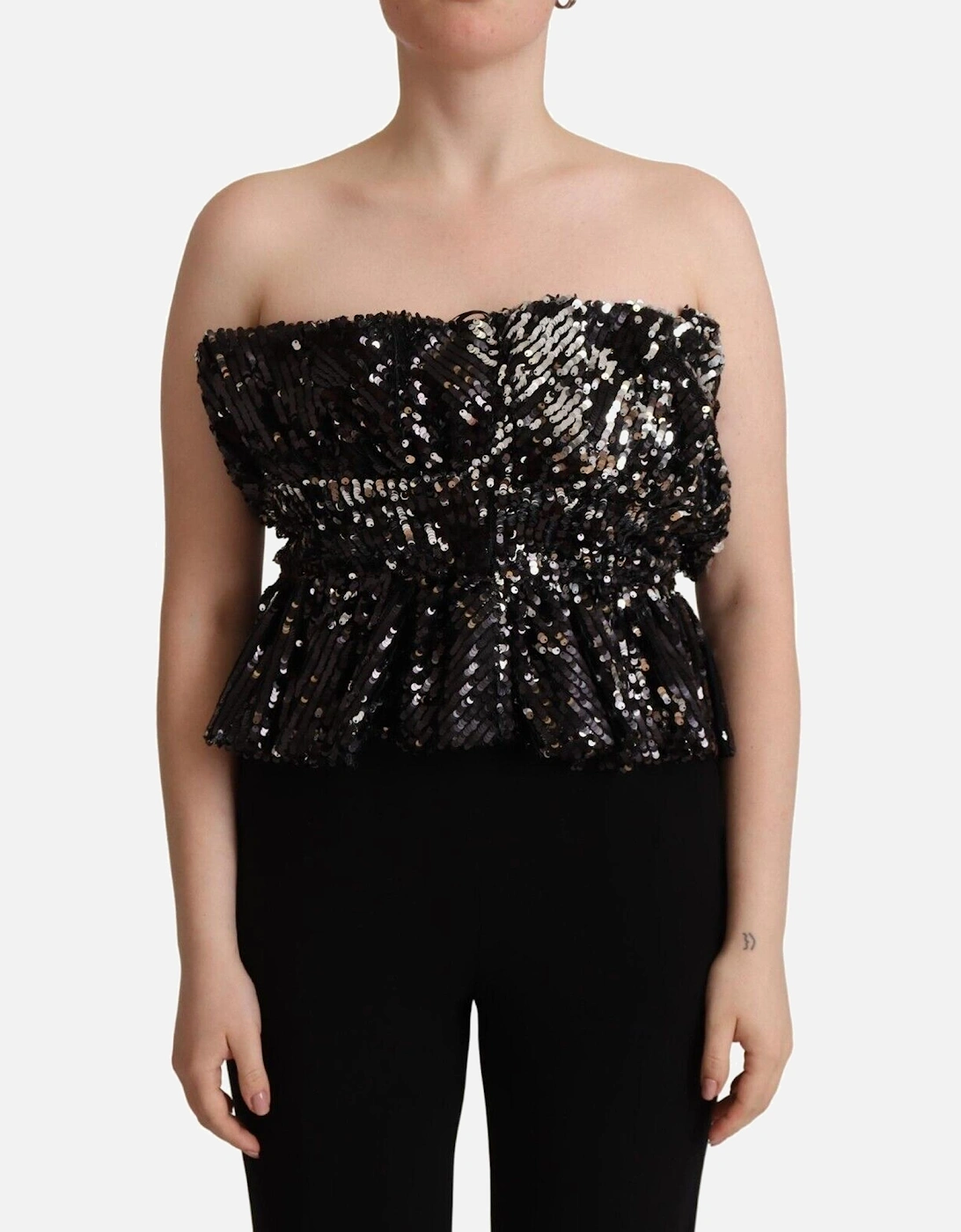 Strapless Sequined Top with Logo Details Women - Black T-Shirts, 5 of 4