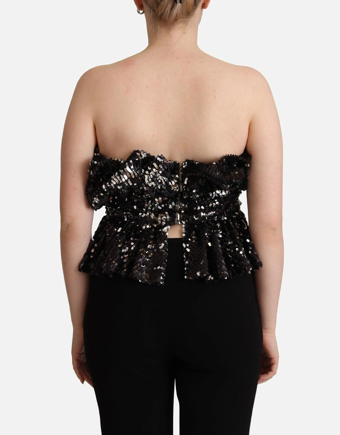 Strapless Sequined Top with Logo Details Women - Black T-Shirts