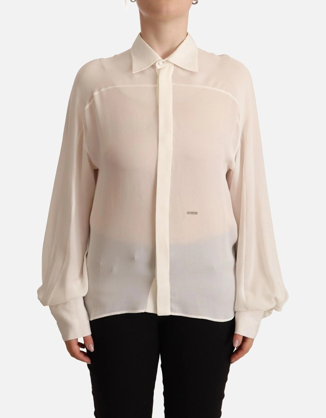 Silk Long Sleeve Collared Blouse with Button Closure Women - Off White, 5 of 4