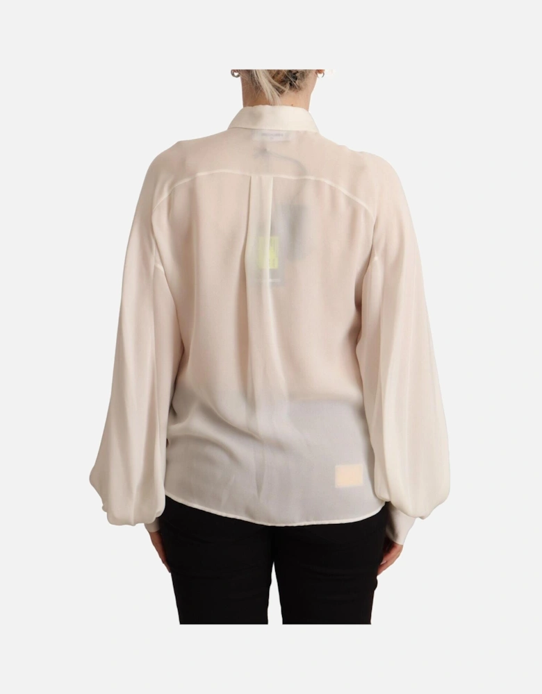 Silk Long Sleeve Collared Blouse with Button Closure Women - Off White