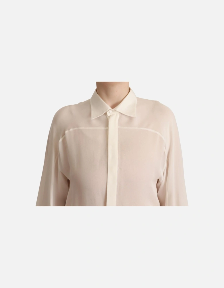 Silk Long Sleeve Collared Blouse with Button Closure Women - Off White