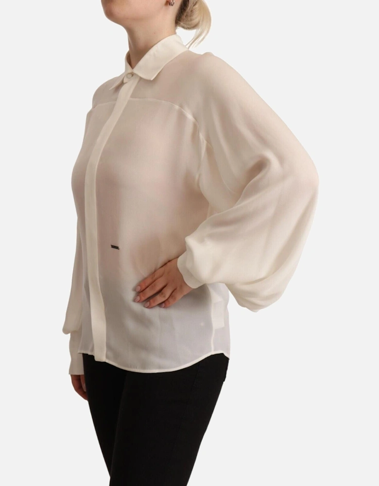 Silk Long Sleeve Collared Blouse with Button Closure Women - Off White