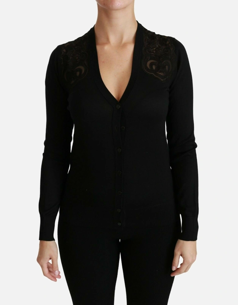 Lace Detail Cardigan Black Long Sleeve Women Sweaters