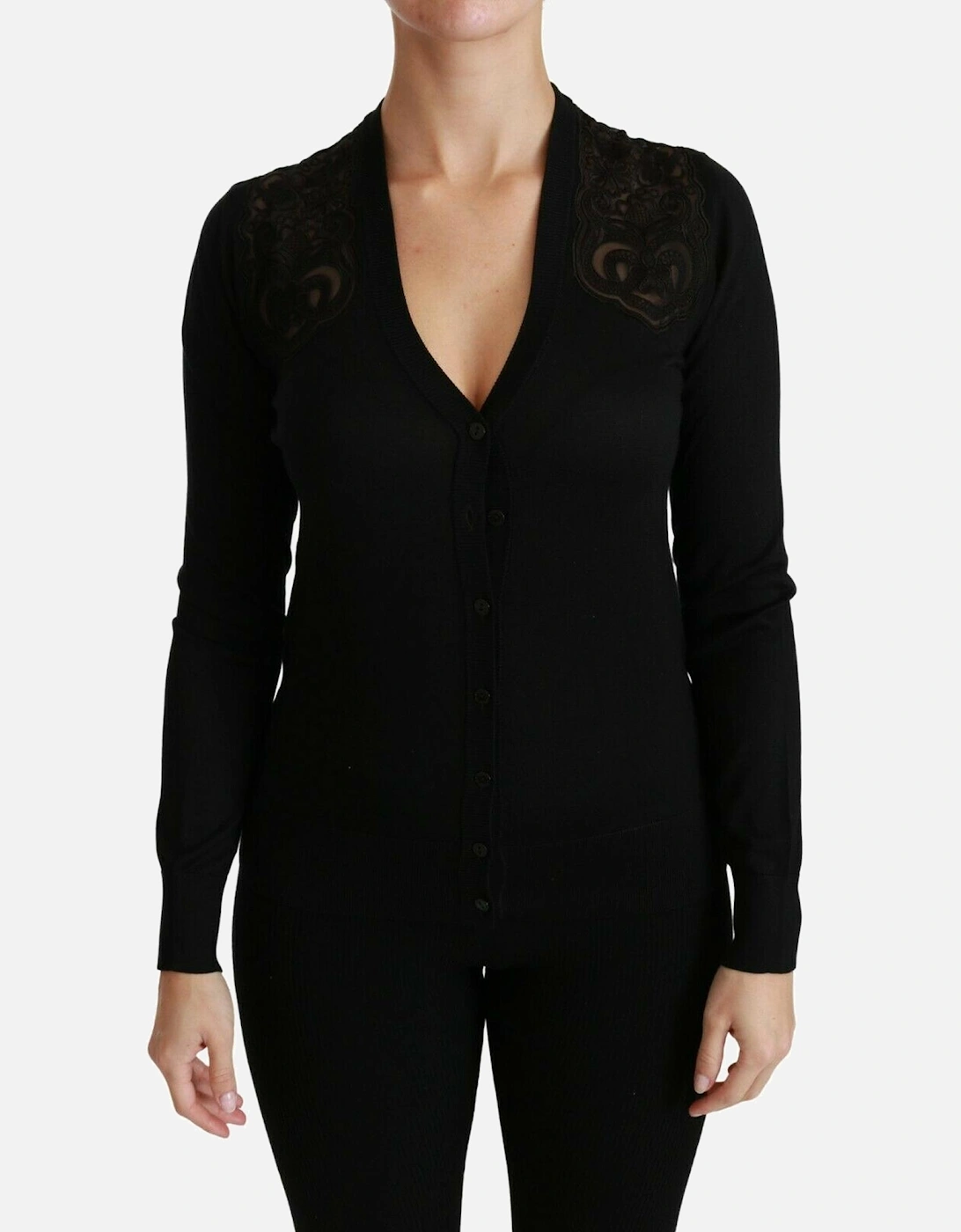 Lace Detail Cardigan Black Long Sleeve Women Sweaters, 7 of 6
