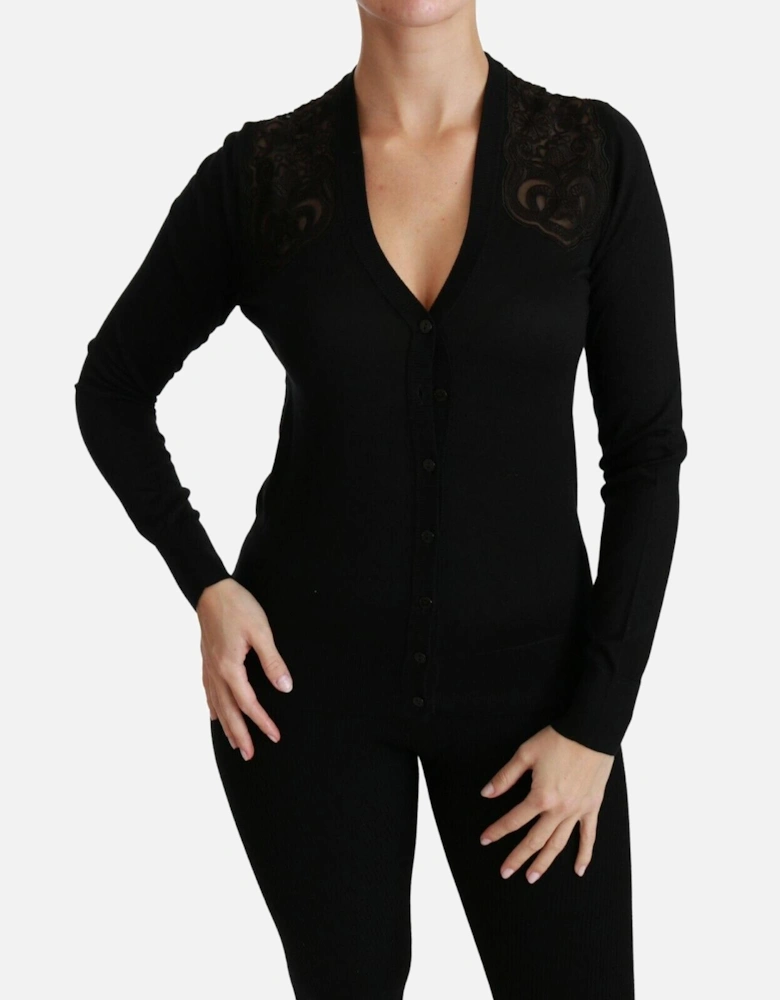 Lace Detail Cardigan Black Long Sleeve Women Sweaters