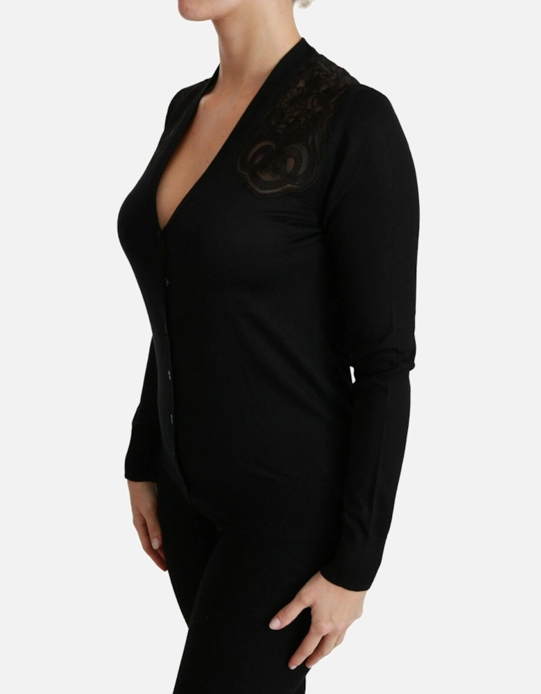 Lace Detail Cardigan Black Long Sleeve Women Sweaters