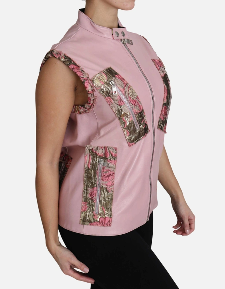 Leather Vest Floral Brocade Detail Women - Pink Jackets