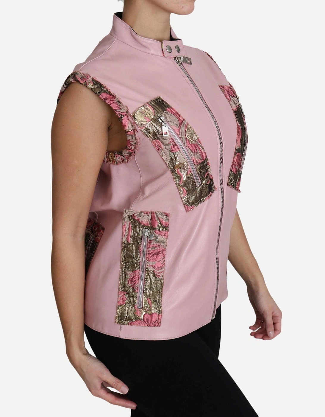Leather Vest Floral Brocade Detail Women - Pink Jackets