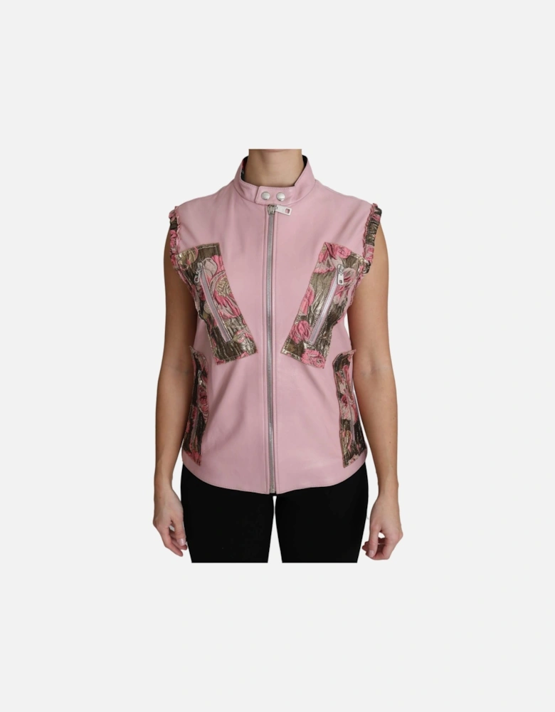 Leather Vest Floral Brocade Detail Women - Pink Jackets