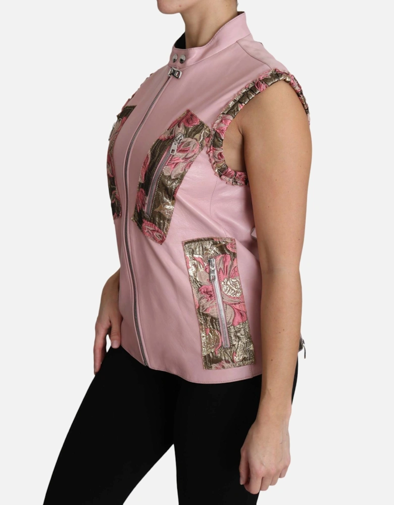 Leather Vest Floral Brocade Detail Women - Pink Jackets