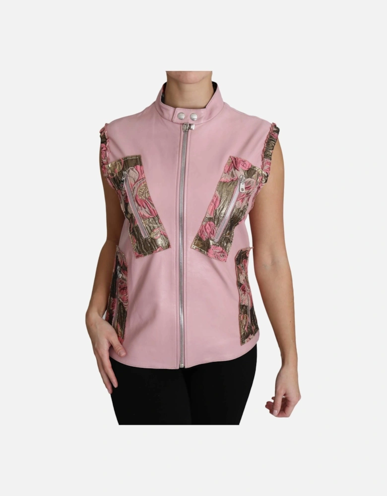 Leather Vest Floral Brocade Detail Women - Pink Jackets