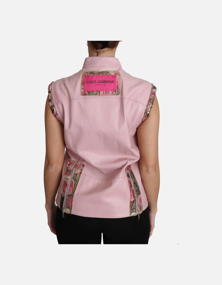 Leather Vest Floral Brocade Detail Women - Pink Jackets