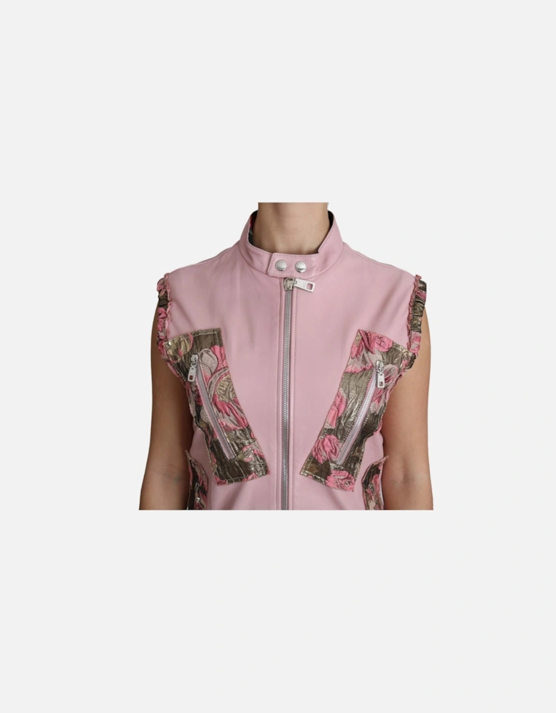 Leather Vest Floral Brocade Detail Women - Pink Jackets