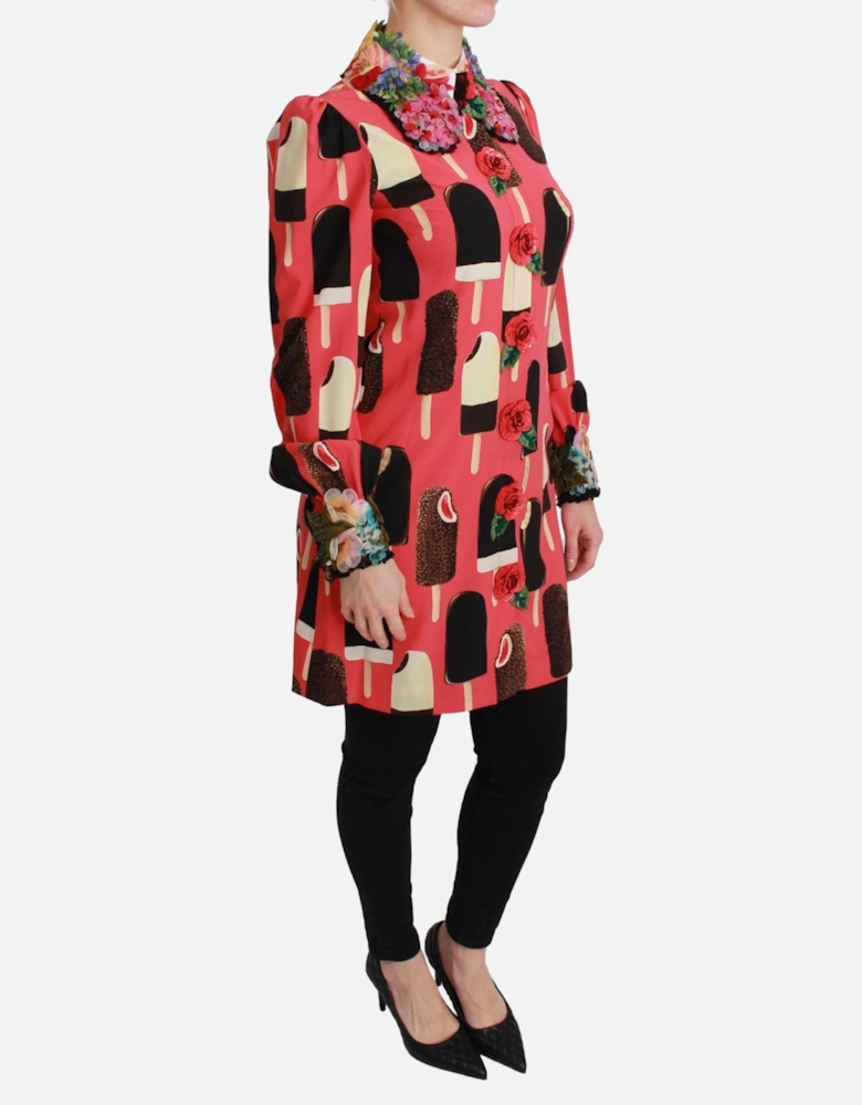 Ice Cream Print Silk Shirt Dress TSH2671 Women - Pink Dresses