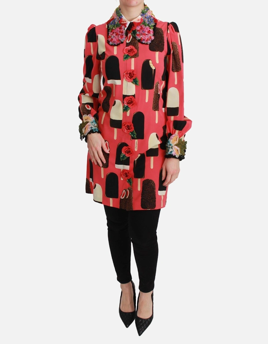 Ice Cream Print Silk Shirt Dress TSH2671 Women - Pink Dresses, 6 of 5