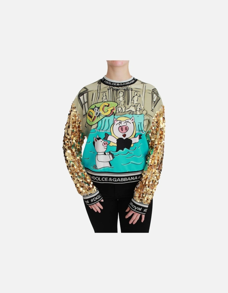 Crewneck Pullover Sweater with Gold Sequined Arms Women - Multicolor