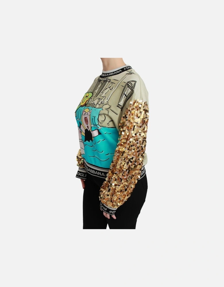 Crewneck Pullover Sweater with Gold Sequined Arms Women - Multicolor