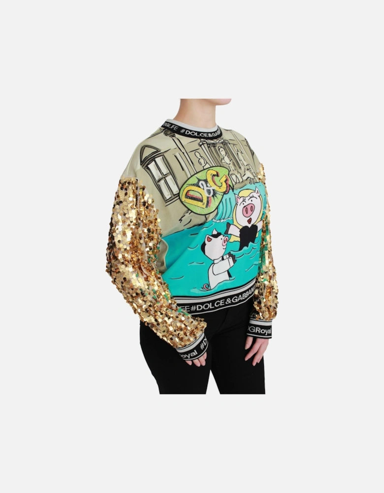 Crewneck Pullover Sweater with Gold Sequined Arms Women - Multicolor