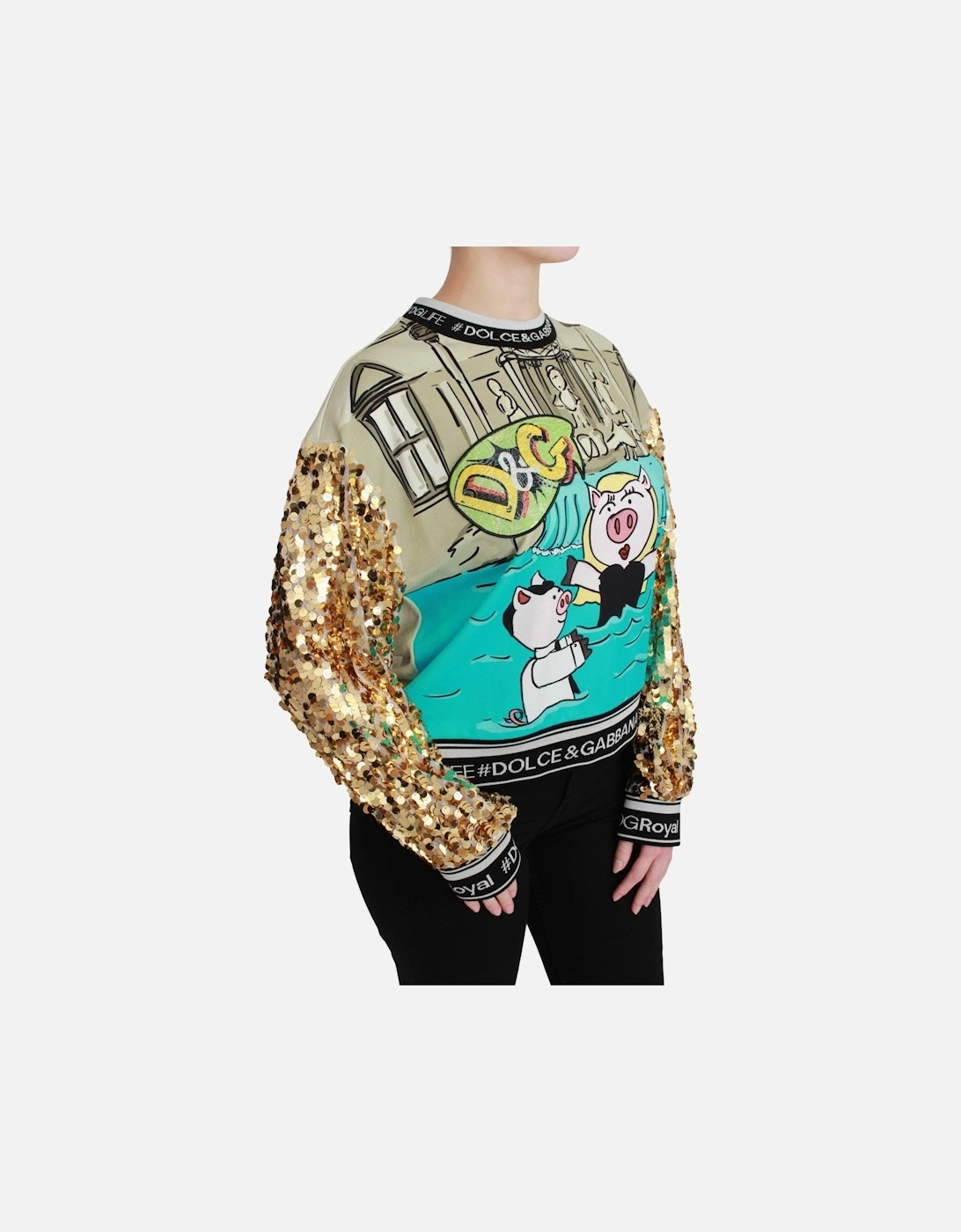 Crewneck Pullover Sweater with Gold Sequined Arms Women - Multicolor