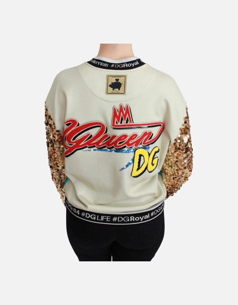 Crewneck Pullover Sweater with Gold Sequined Arms Women - Multicolor