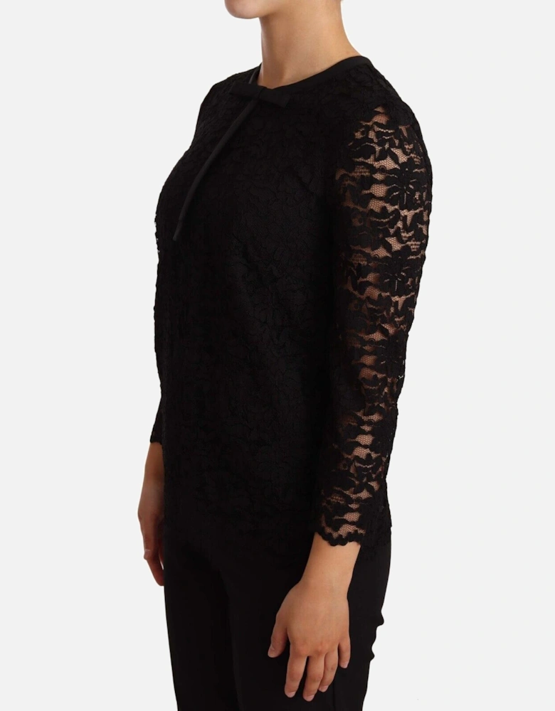 Lace Top Bow Detail Three Quarter Sleeves Women - Black T-Shirts