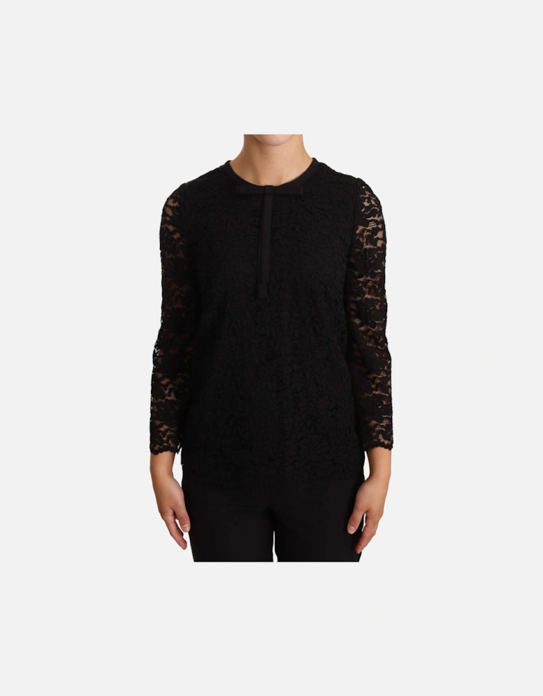 Lace Top Bow Detail Three Quarter Sleeves Women - Black T-Shirts