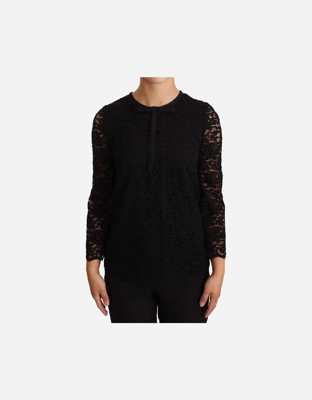 Lace Top Bow Detail Three Quarter Sleeves Women - Black T-Shirts, 5 of 4