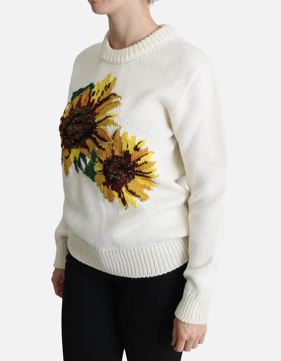 Knitted Sunflower Crew Neck Sweater Women - White