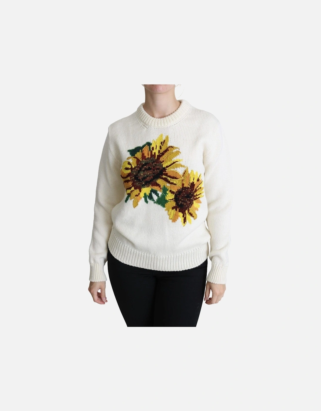 Knitted Sunflower Crew Neck Sweater Women - White, 6 of 5