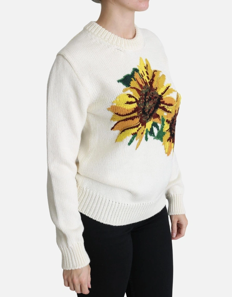 Knitted Sunflower Crew Neck Sweater Women - White
