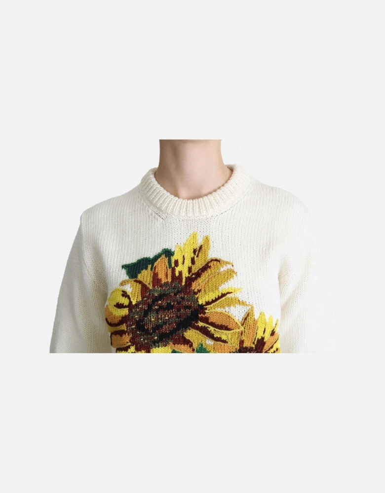 Knitted Sunflower Crew Neck Sweater Women - White
