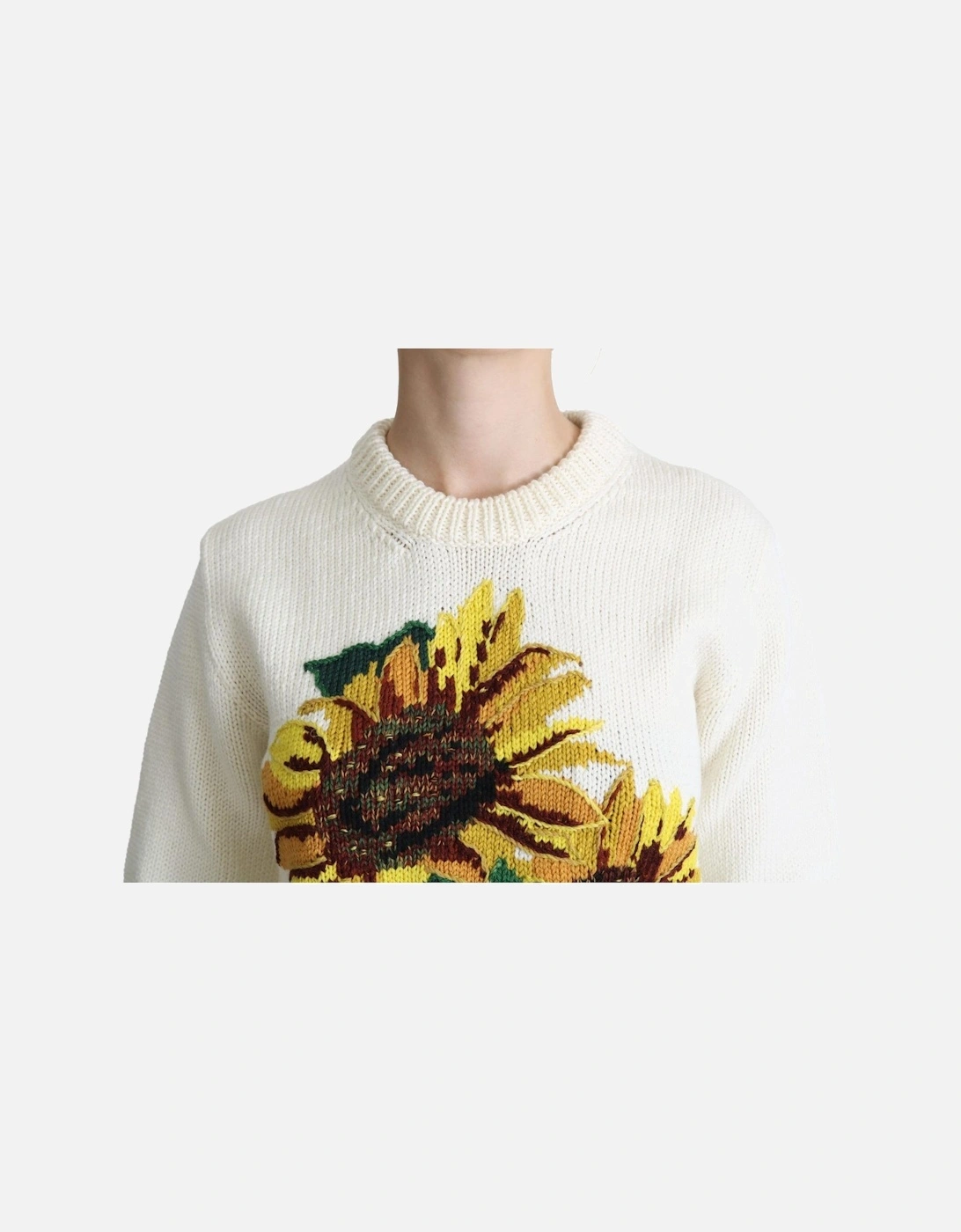 Knitted Sunflower Crew Neck Sweater Women - White