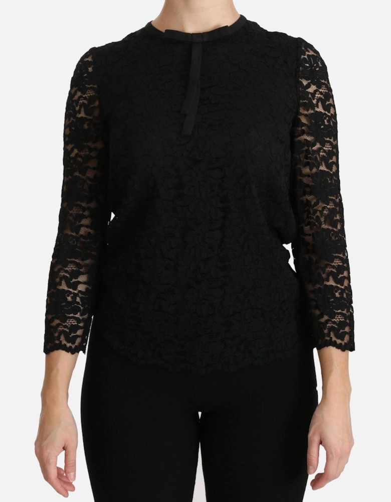 Lace Bow Top 34 Sleeve Style Women - Black T-Shirts
