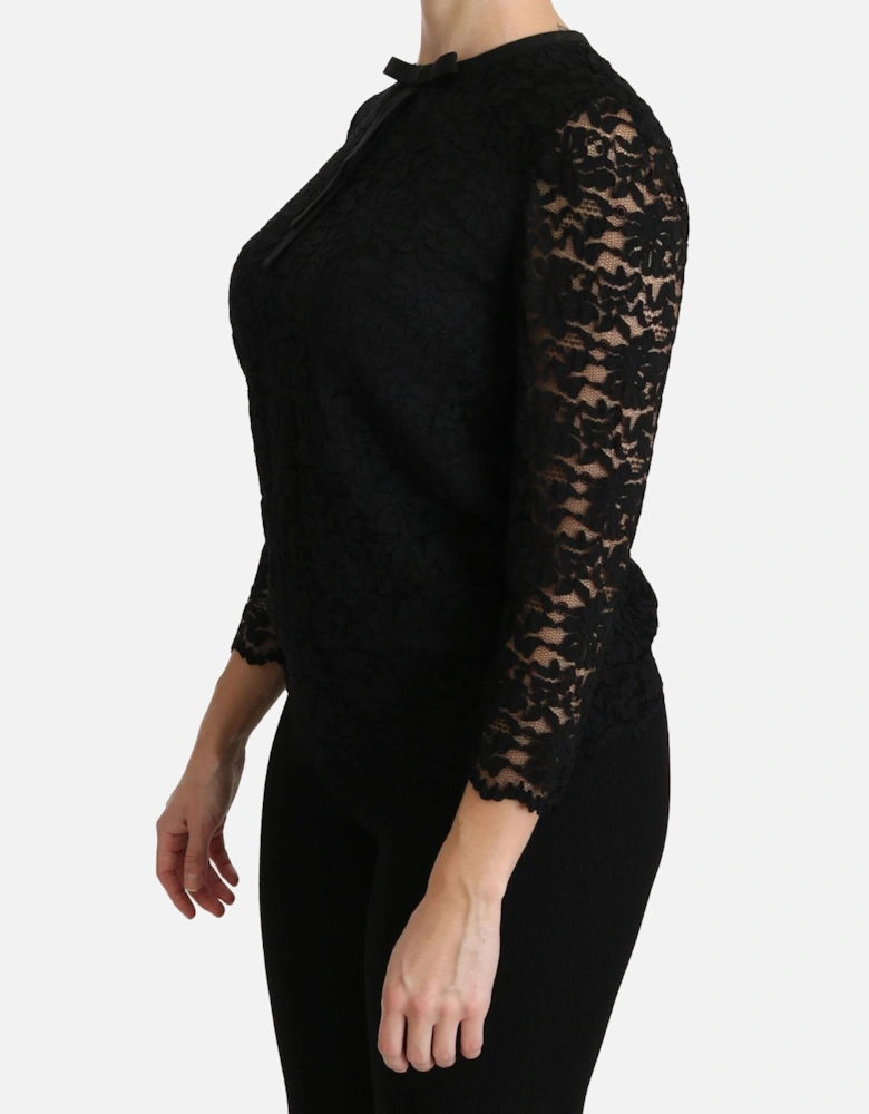 Lace Bow Top 34 Sleeve Style Women - Black T-Shirts
