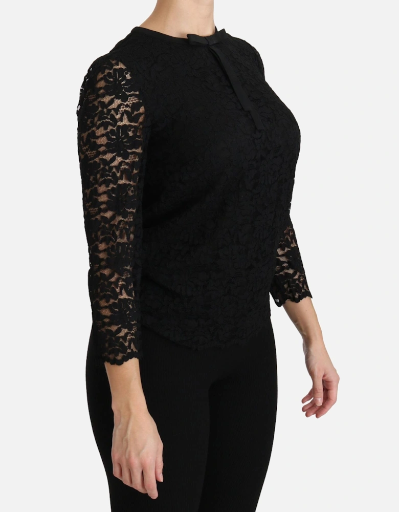 Lace Bow Top 34 Sleeve Style Women - Black T-Shirts