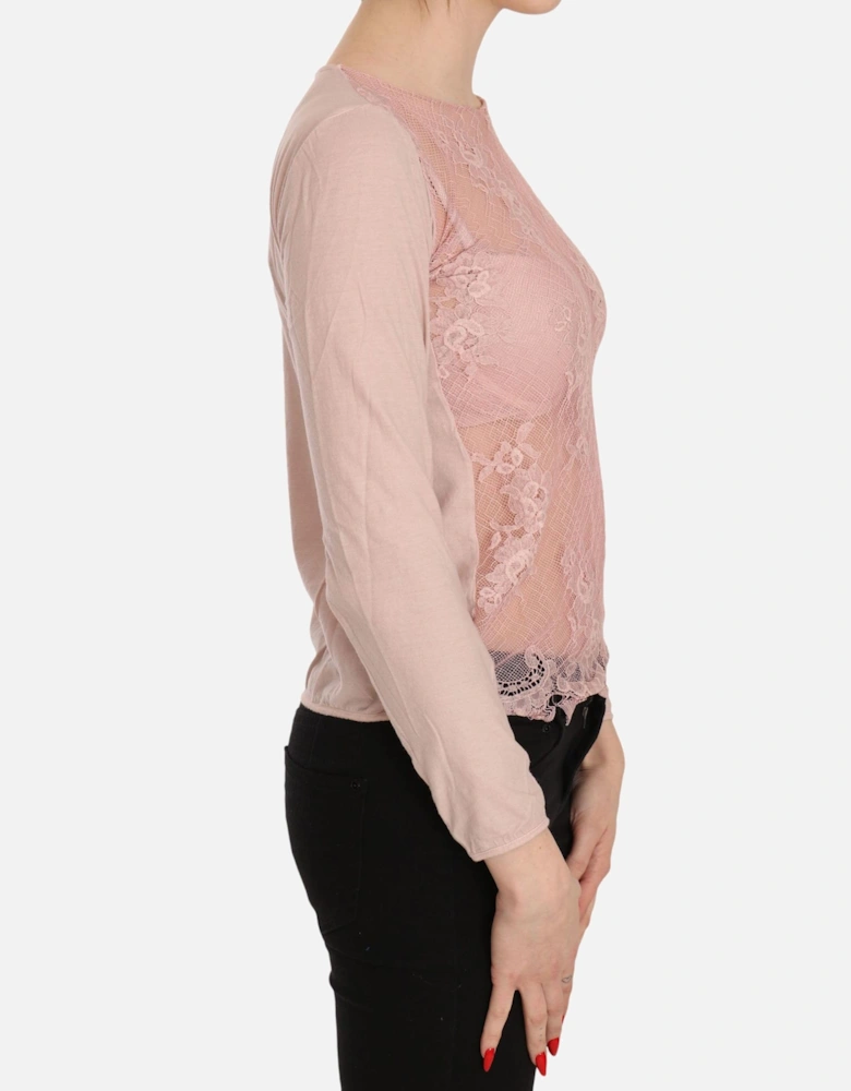 Lace Overlay LongSleeve Blouse Women - Pink T-Shirts