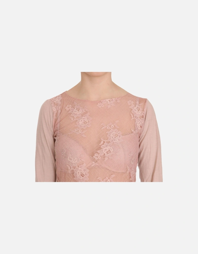 Lace Overlay LongSleeve Blouse Women - Pink T-Shirts