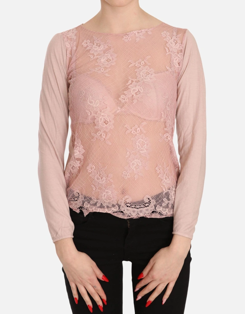 Lace Overlay LongSleeve Blouse Women - Pink T-Shirts