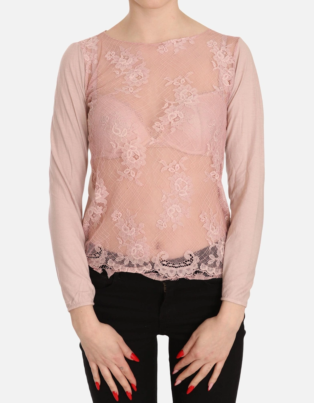 Lace Overlay LongSleeve Blouse Women - Pink T-Shirts, 6 of 5