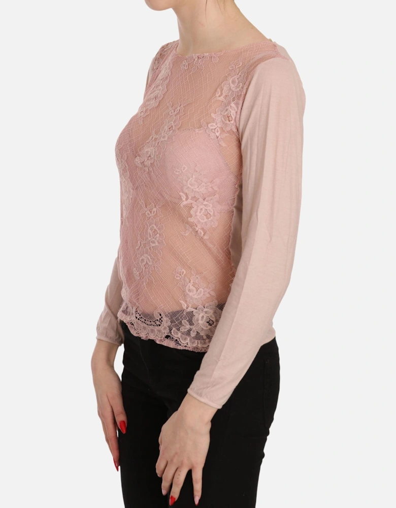 Lace Overlay LongSleeve Blouse Women - Pink T-Shirts