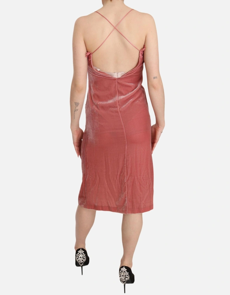 Velvet Midi Dress Sleeveless VNeck Lace Detail Women - Pink Dresses