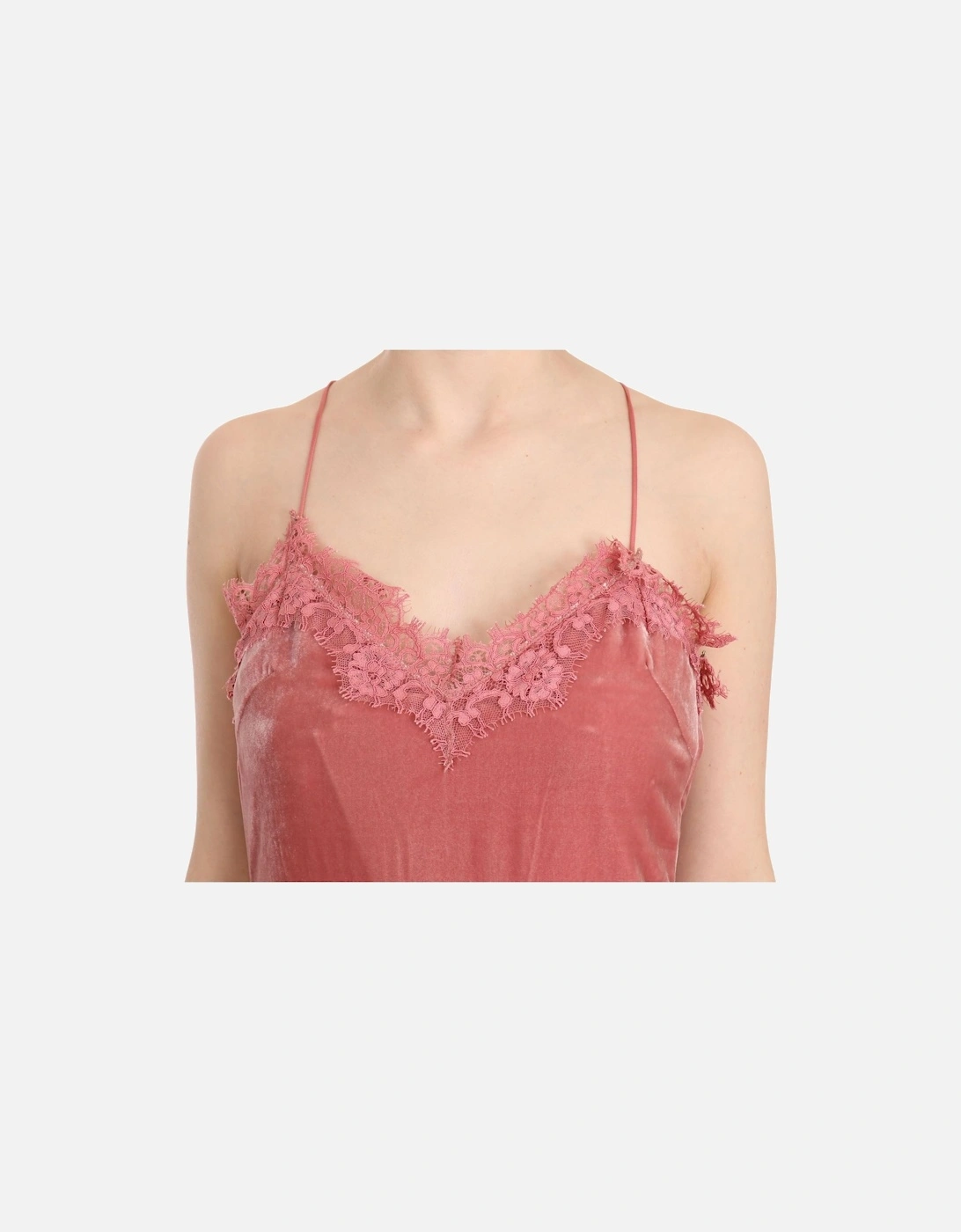 Velvet Midi Dress Sleeveless VNeck Lace Detail Women - Pink Dresses
