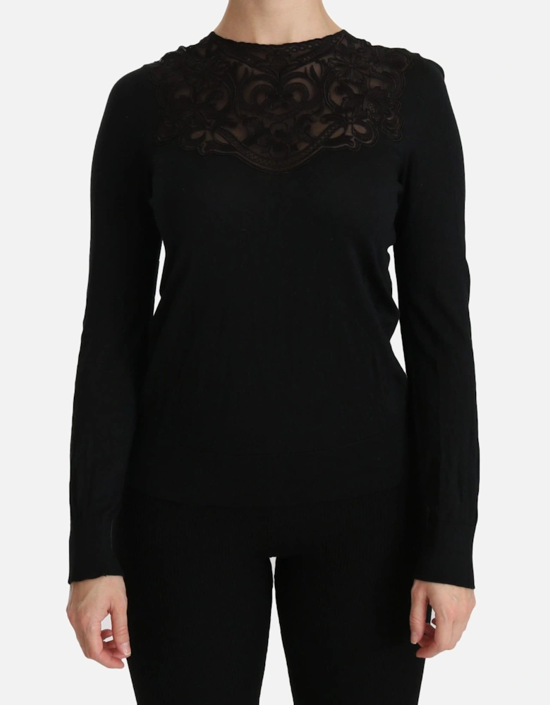 Crew Neck Long Sleeve Lace Blouse Women - Black Sweaters