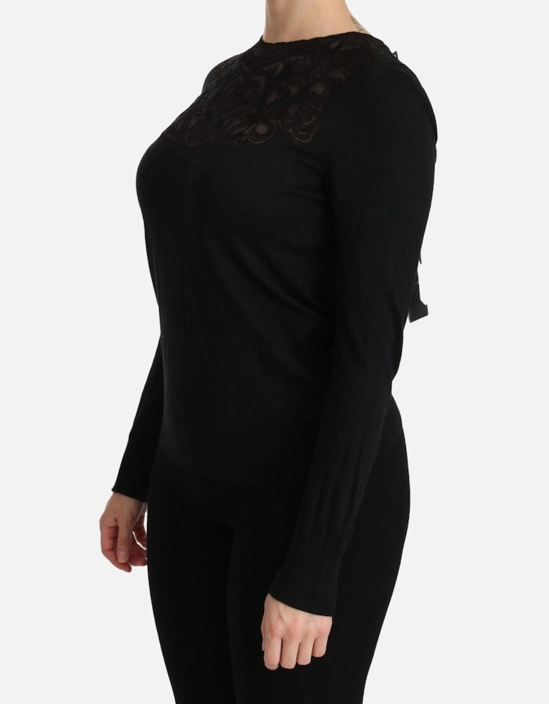 Crew Neck Long Sleeve Lace Blouse Women - Black Sweaters