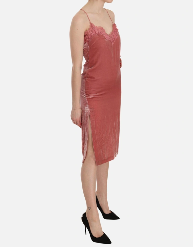 Velvet Midi Dress Sleeveless VNeck Lace Detail Women - Pink Dresses