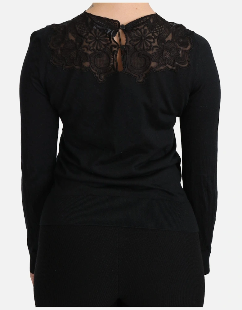 Crew Neck Long Sleeve Lace Blouse Women - Black Sweaters