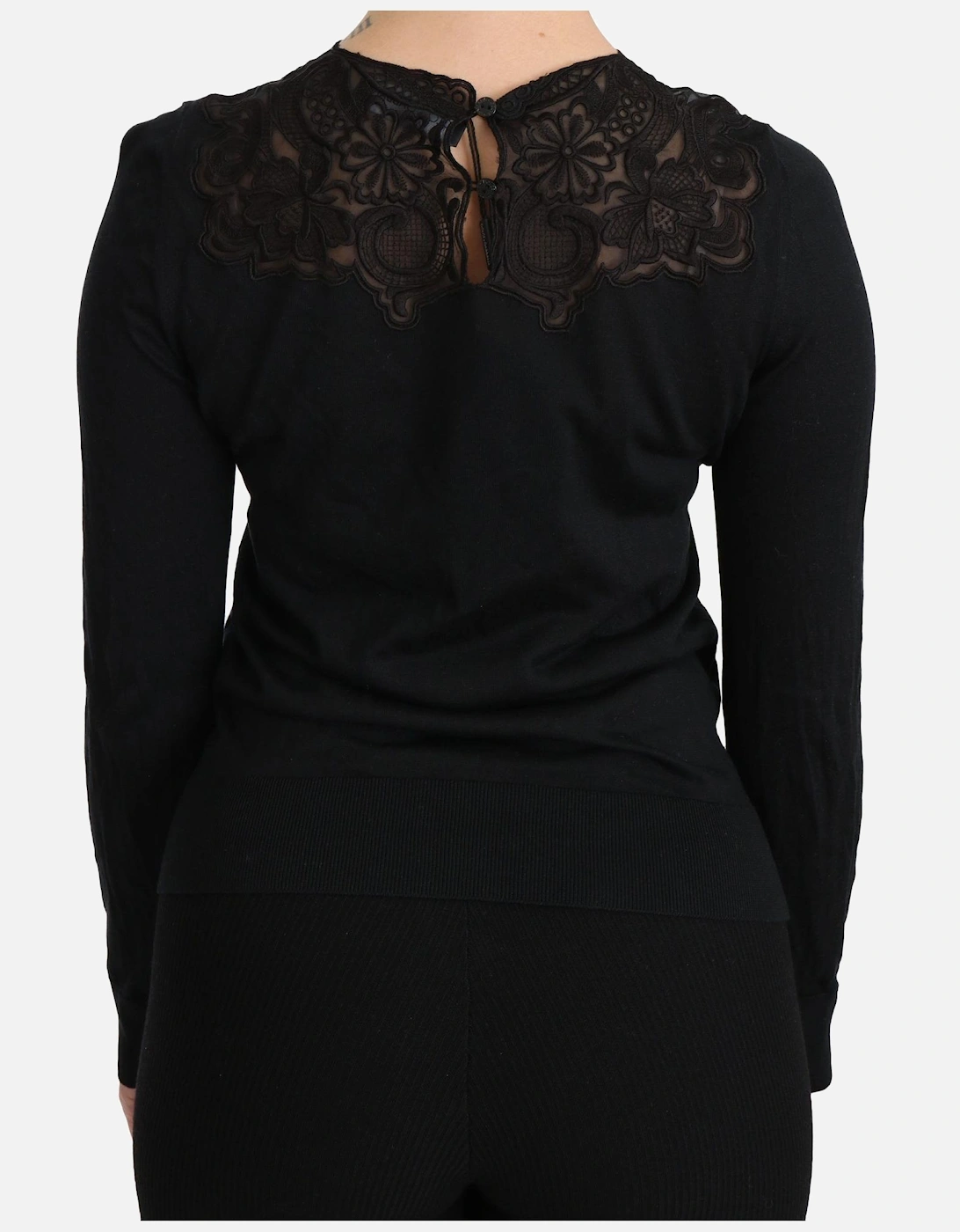 Crew Neck Long Sleeve Lace Blouse Women - Black Sweaters