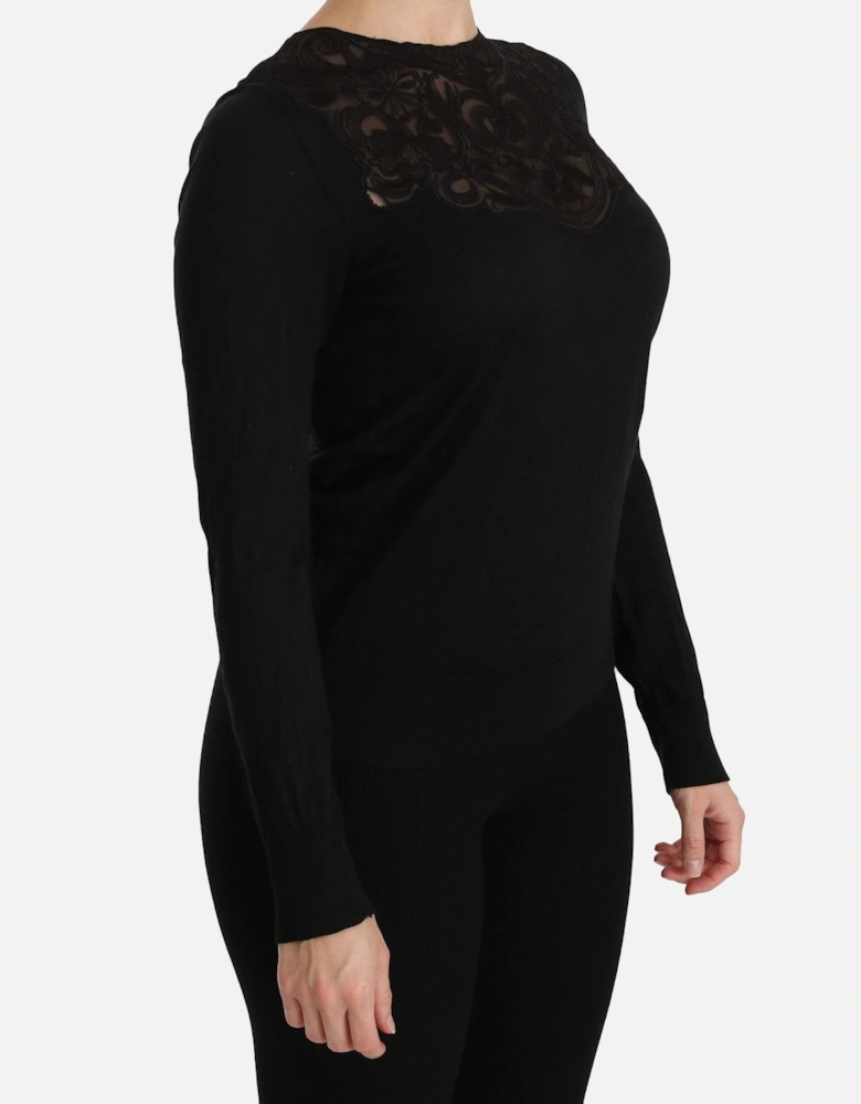 Crew Neck Long Sleeve Lace Blouse Women - Black Sweaters
